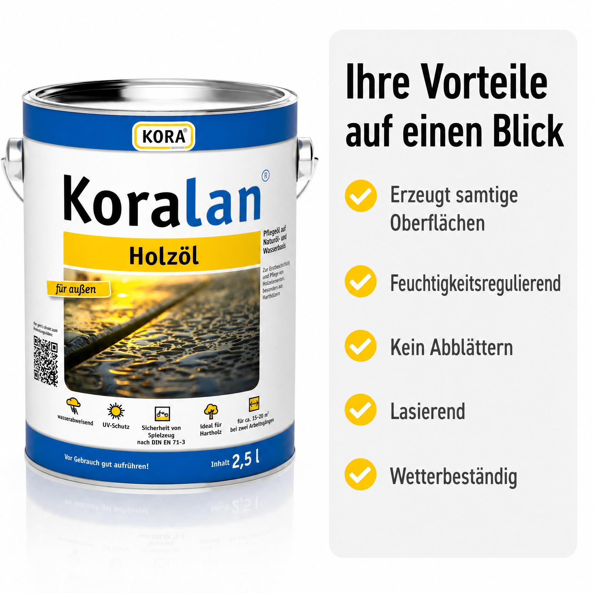 KORA® Koralan® Holzöl - wetterfestes Pflegeöl für Gartenmöbel, Zäune & Terrassen, UV-beständig, wasserabweisend, pflegt Nadel- und Hartholz, langlebiger Schutz für Holz draußen (Bangkirai, 2,5 Liter)