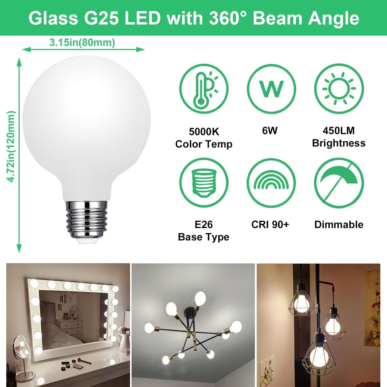 Vinaco Milky Frosted Glass G25 led Light Bulbs 6W Equal 60W, 6 Pack No Flicker Round G25 5000k dimmable 450LM, Globe E26 g25 Vanity Light Bulbs for Bathroom Makeup Mirror Pendant Ceiling chandeler