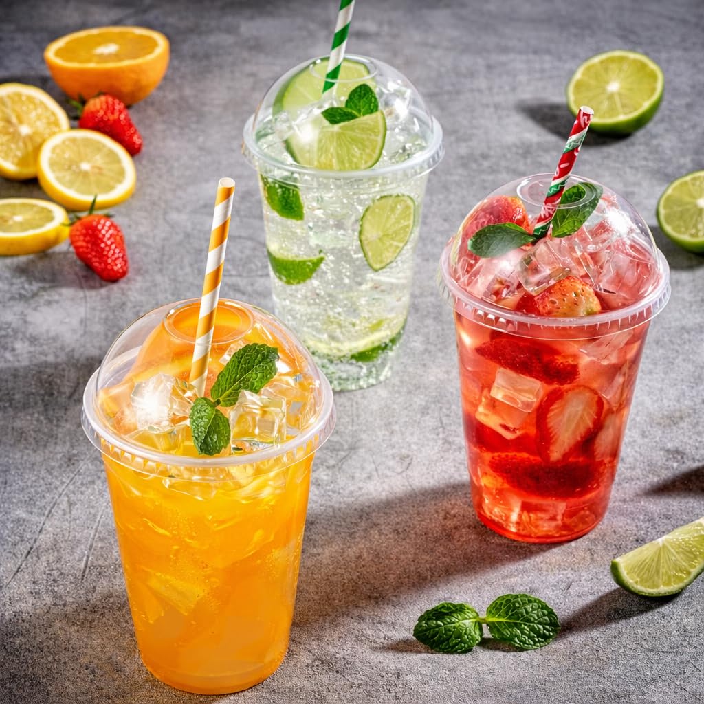 Przezroczyste kubki z pokrywką kopułkową - zestaw 10, 20, 50, 100, 200, 800 - do koktajli mlecznych, smoothie, herbata bąbelkowa, desery, 355 ml, 473 ml, 592 ml (800, 473 ml)