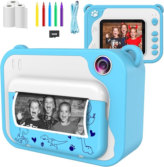 Kids Digital Camera,Instant Print Cameras for Boys Girls,2.0 Inch Screen,1080P Print Camera with 32GB Memory Card, 5 Color Pens,3 rolls of printing papers, Children Mini Rechargeable Toy(Blue)