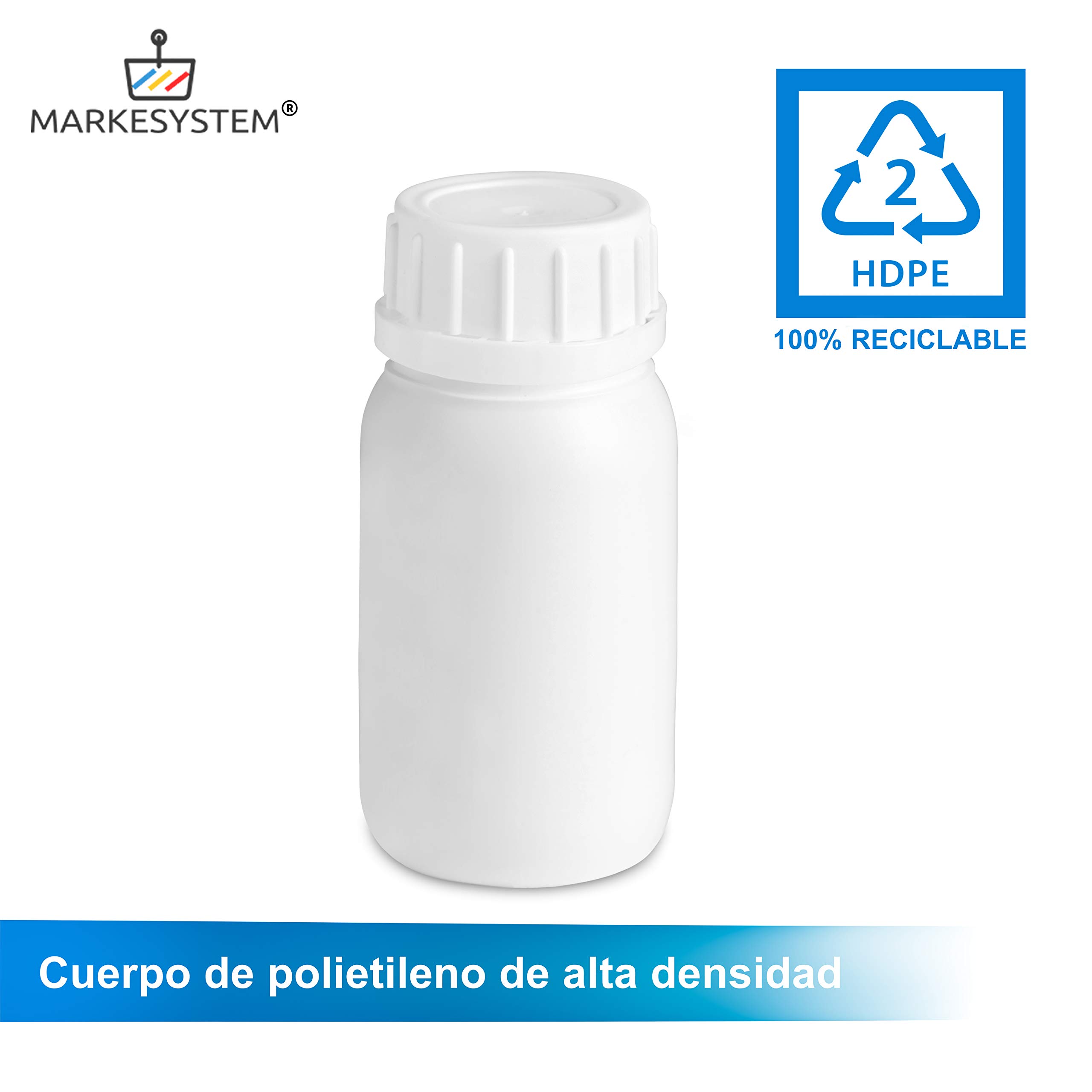 Botella blanca 250 ml (50 botellas) de plástico, cierre rosca boca ancha - Catering Industrial, Líquidos, Cosmética, Químicos, ADR + Kit Etiquetado, Apta para uso alimentario.
