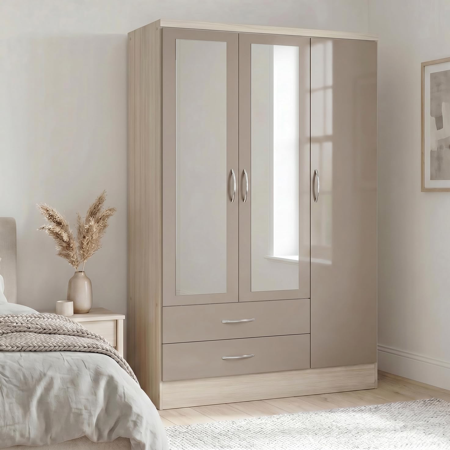 Seconique Nevada 3 Door 2 Drawer Mirrored Wardrobe - Oyster Gloss