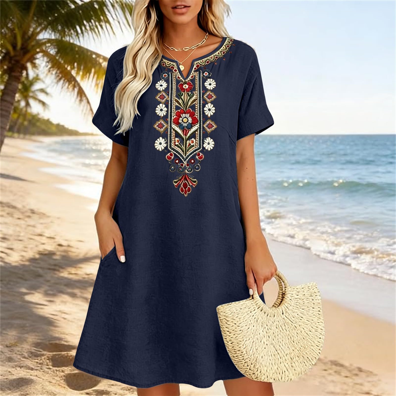 Vestiti Estivi Donna Cotone Lino Ricamo Floreale Abiti Boho Chic Dress Vestito da Mare Elegante Abiti Cerimonia Manica Corta Scollo a V al Ginocchio Vestito Donna Estivo Corto Casual