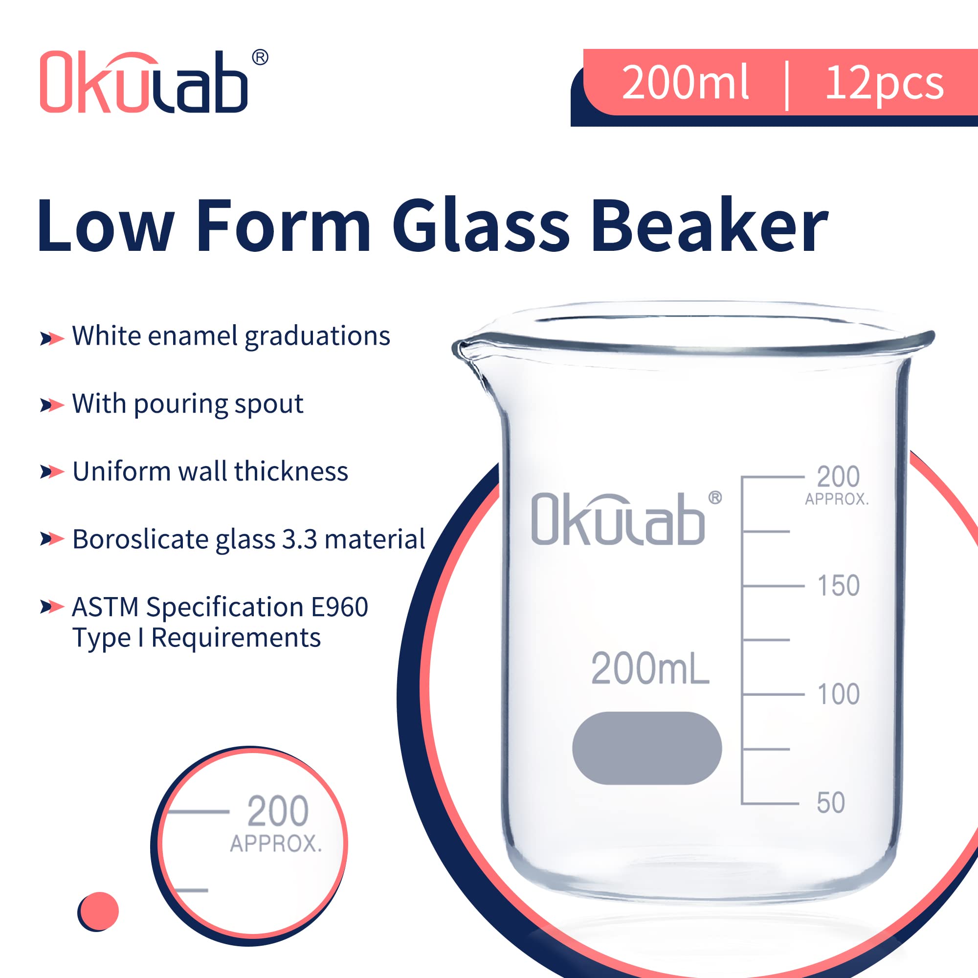 BKLG200A12 - Set di bicchieri in vetro borosilicato da 200 ml, a forma bassa, graduato 3,3 (caso di 12) per laboratorio, aula, artigianato, cucina, BKLG200A12