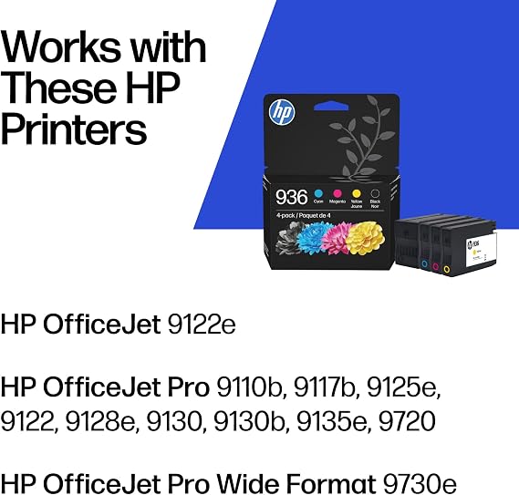HP 936 Black, Cyan, Magenta, Yellow Ink Cartridges (4-Pack) | Works with OfficeJet 9120, Pro 9110, 9120, 9130, Wide Format 9730 | Eligible for Instant Ink | 6C3Z5LN