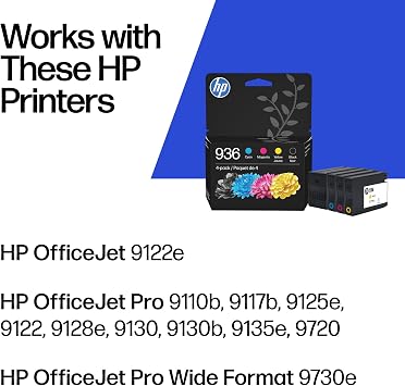 HP 936 Black, Cyan, Magenta, Yellow Ink Cartridges (4-Pack) | Works with OfficeJet 9120, Pro 9110, 9120, 9130, Wide Format 9730 | Eligible for Instant Ink | 6C3Z5LN