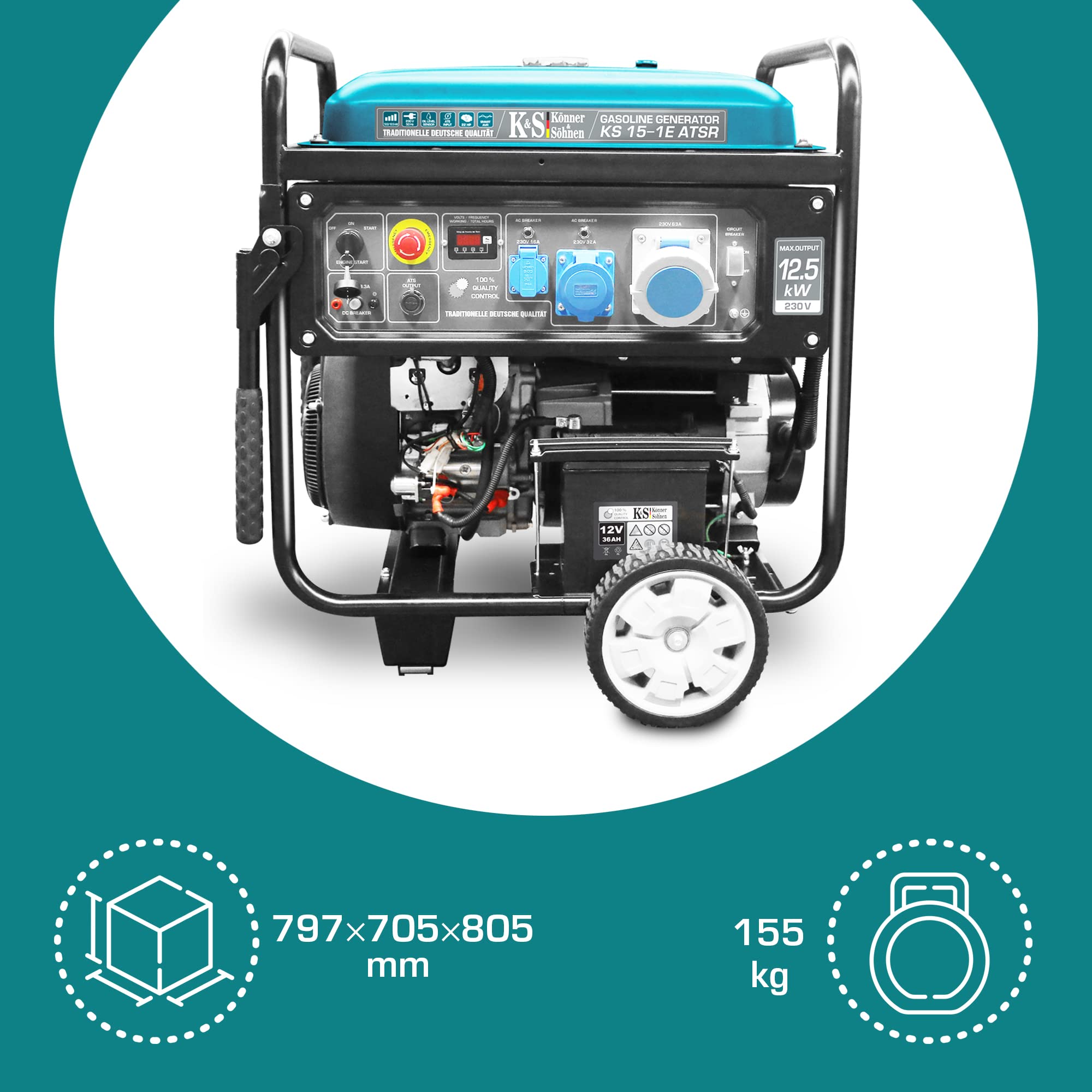 Könner & Söhnen KS 15-1E ATSR - Generatore di corrente 22 CV, motore a benzina a 2 cilindri a 4 tempi, in rame, avviamento elettrico, regolatore di tensione, display LED, 12500 Watt