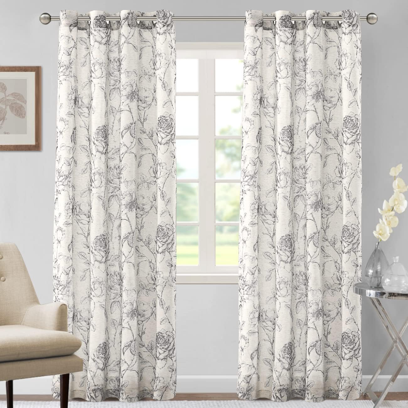 H.VERSAILTEX Boho Floral Linen Curtains, Semi Sheer Light Filtering Curtains, Drapes 84 Inch Length 2 Panels Set, Grommet Top Farmhouse Vintage Curtain, Print Pattern Treatments for Bedroom, Grey