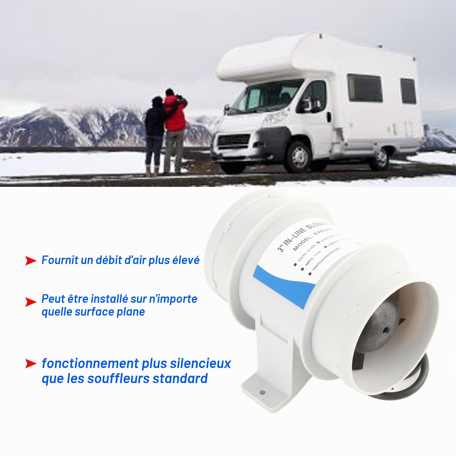 Souffleur d'air de Cale Marin en Ligne ABS Silencieux, 3 Pouces, 12V, adapté à la Circulation de L'air des Bateaux et Yachts,Pièces de Bateau/Yacht
