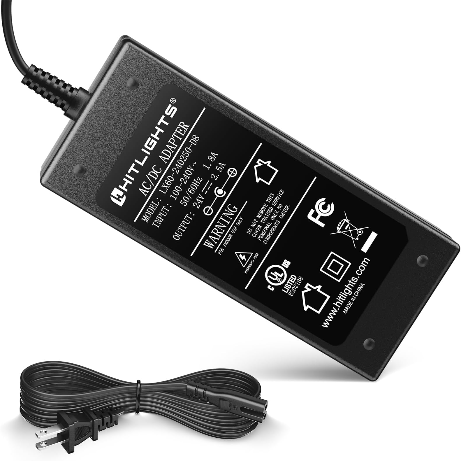 24V Power Supply, 2.5A 60W Adapter Transformer UL Listed, 100V-240V AC to 24V DC Converter with 5.5 x 2.1mm DC Plug ＆ AC Cord for LED Strip Lights and Other Low Voltage Devices