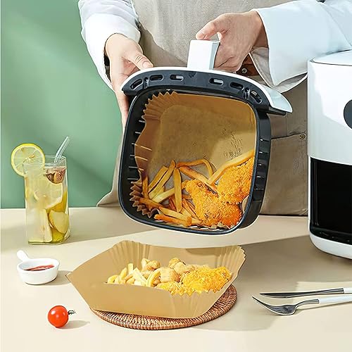 Miniatura 4 de 100 piezas de forro de papel desechable para freidora de aire pergamino cuadrado antiadherente hornear asar papel de grado alimenticio para freidora
