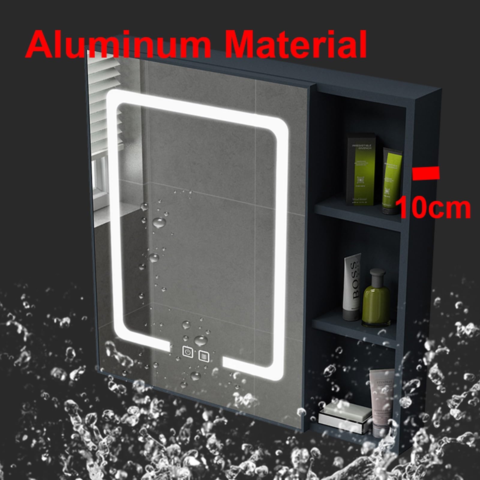 Szafka łazienkowa z lustrem, wisząca, z oświetleniem LED, funkcją przeciwmgielną, aluminiowa rama, szafka 1-drzwiowa, nowoczesny design, biała, 55 x 65 cm
