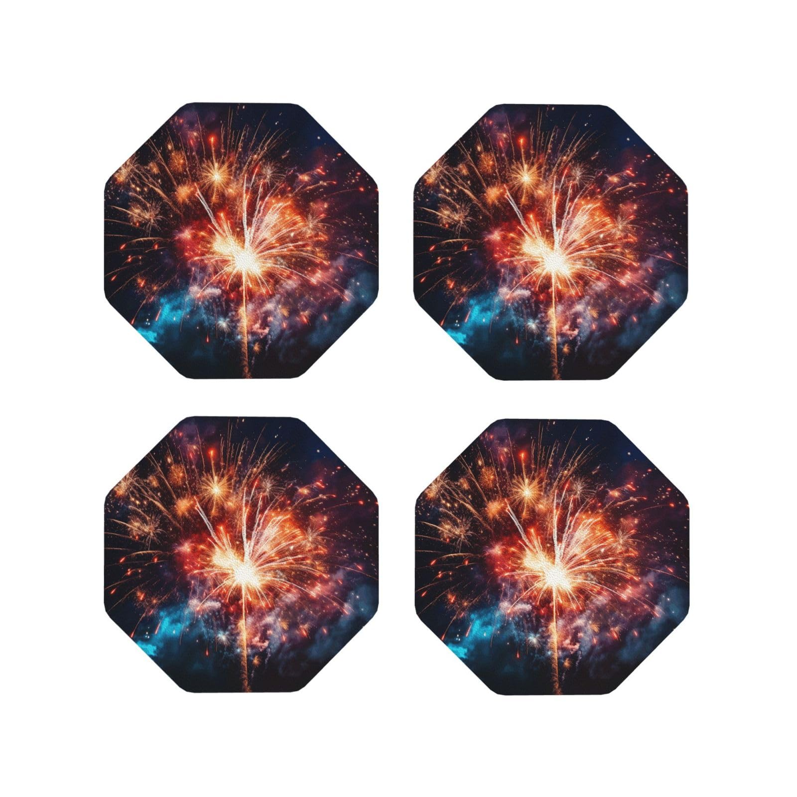4Pcs PU Leather Coaster for Drinks, Explosion Firework Cup Coastersr 4" Cup Mat Pad, Aesthetic Drink Coasters for Coffee Table, Octagon Coaster for Tabletop Protection