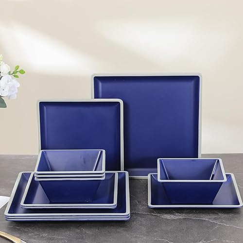 Miniatura 6 de Juego de vajilla cuadrada de melamina, juego de platos y cuencos cuadrados duraderos, juego de 12 piezas irrompibles y ligeros, servicio para 4