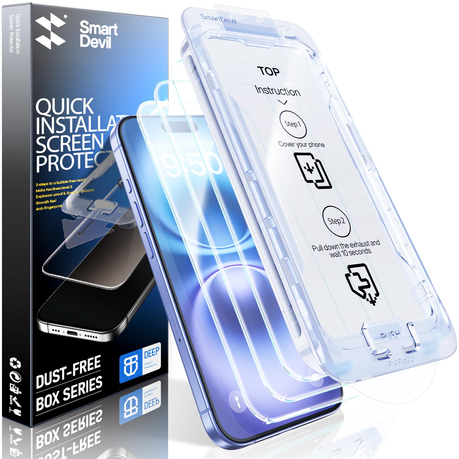 SMARTDEVIL 2 Pack Screen Protector for iPhone 16 (6.1 Inch) Tempered Glass, HD Clear Film, Easy Installation, Dust-Free & Bubble-Free