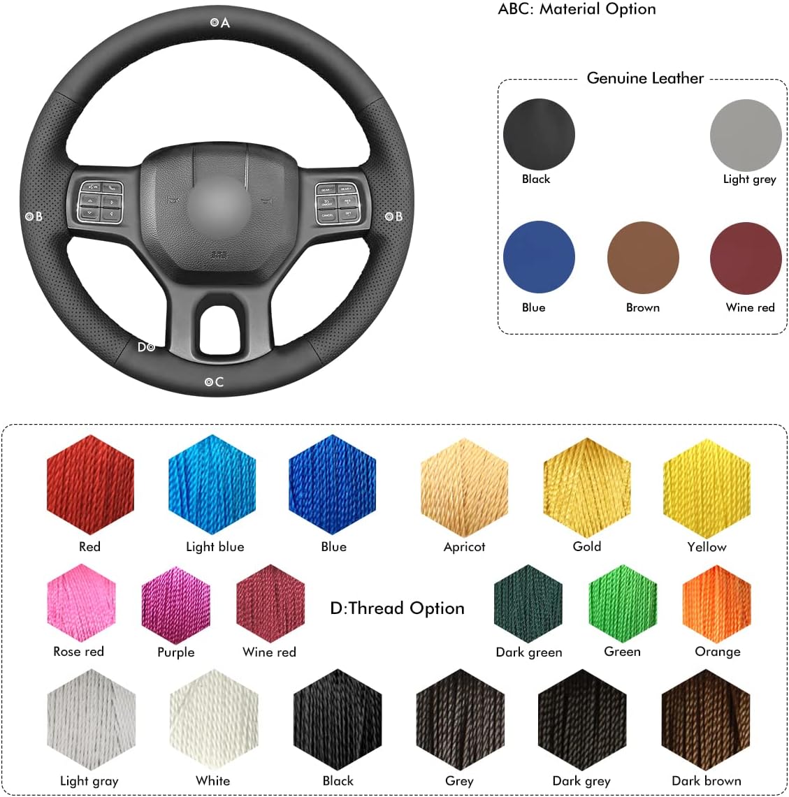 MEWANT Hand Stitch Black Genuine Leather Steering Wheel Cover for Dodge RAM 1500 2012-2018 1500 Classic 2500 3500 5500