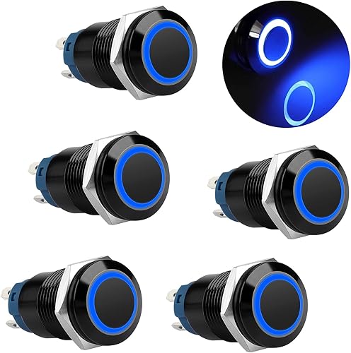 5 interruptores de botón de encendido y apagado impermeables de 0.472 in y 12 V con arnés de cableado y luz indicadora LED, interruptor de metal