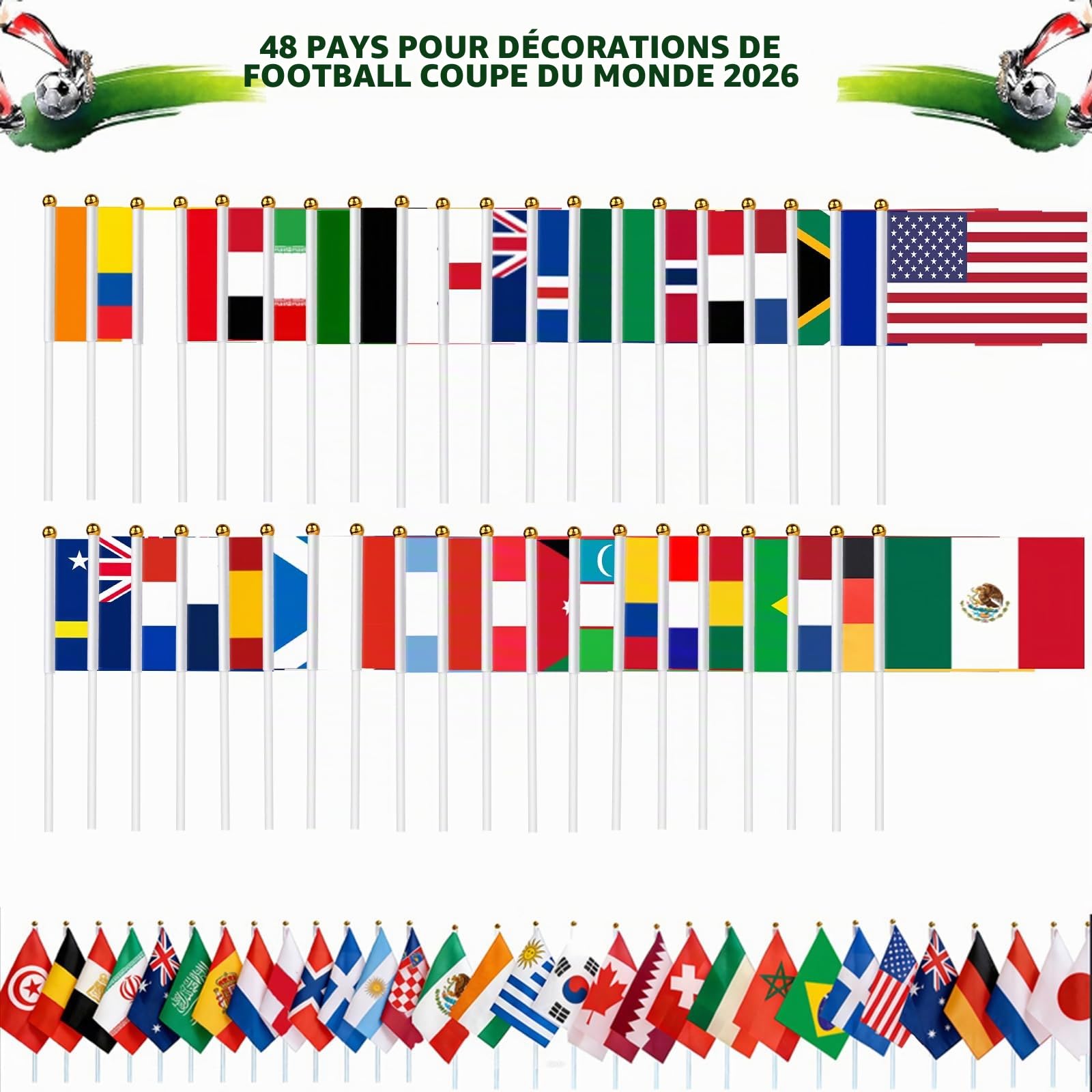 AhfuLife 48 Pays Drapeaux de Coupe du Monde de Football, 14 x 21cm Drapeaux Décorations de la Coupe du Monde avec Mât Blanc de 30cm pour Décor Compétition Football Fans Bar Clubs Fêtes