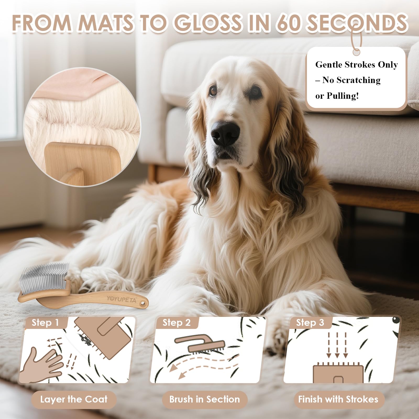 YOYUPETA Long Pin Poodle Slicker Brush Set for Goldendoodle & Cockapoo. 25mm Pins Dog Grooming Kit with Undercoat Rake & Comb. Solid Wood Dematting Tool for Removing Mats Tangles - Image 2