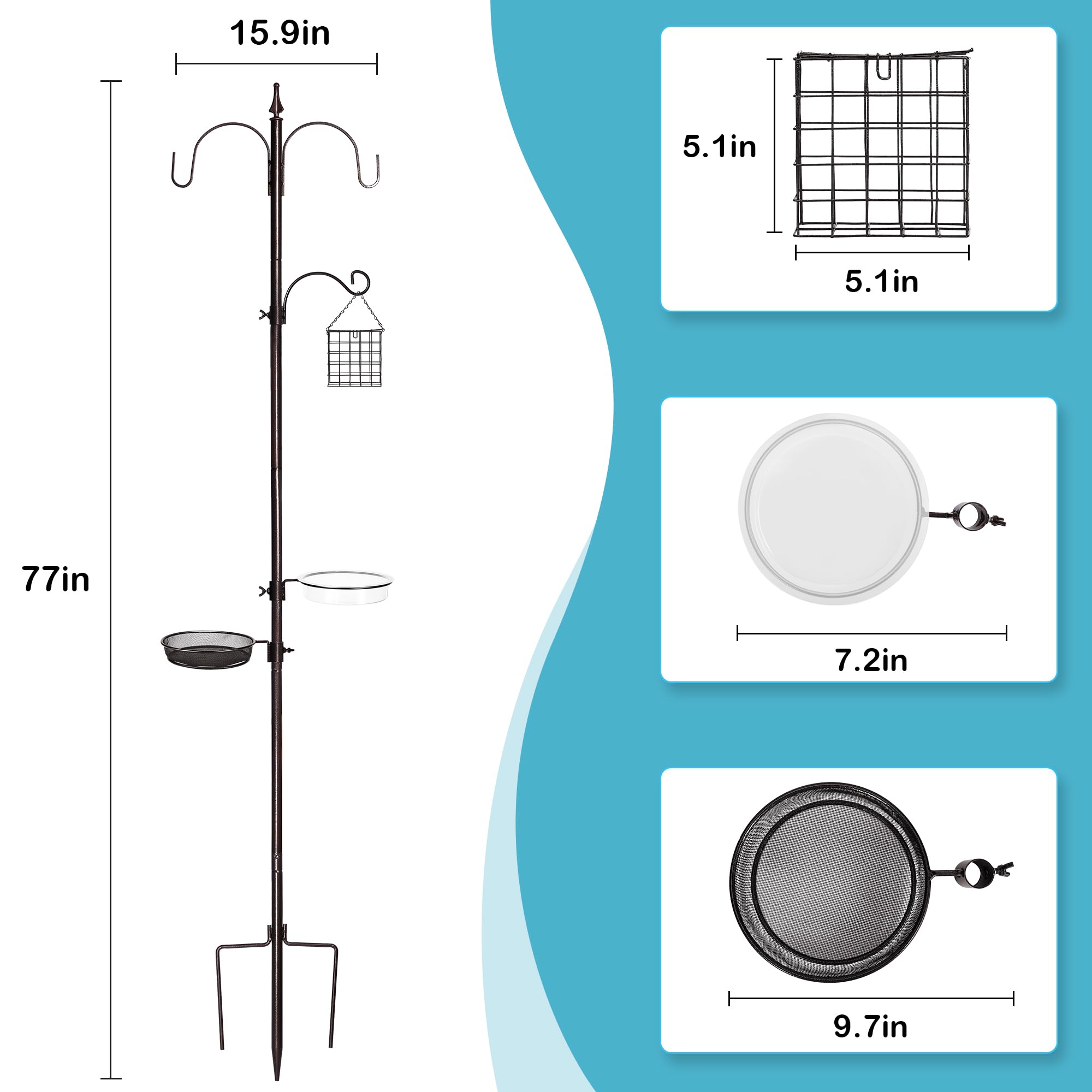 YINGYM Poste de Soporte para comedero de pájaros, Kit de estación de alimentación de pájaros de 77 Pulgadas para Exteriores, Kit Colgante de comedero de pájaros Silvestres con comedero de sebo de