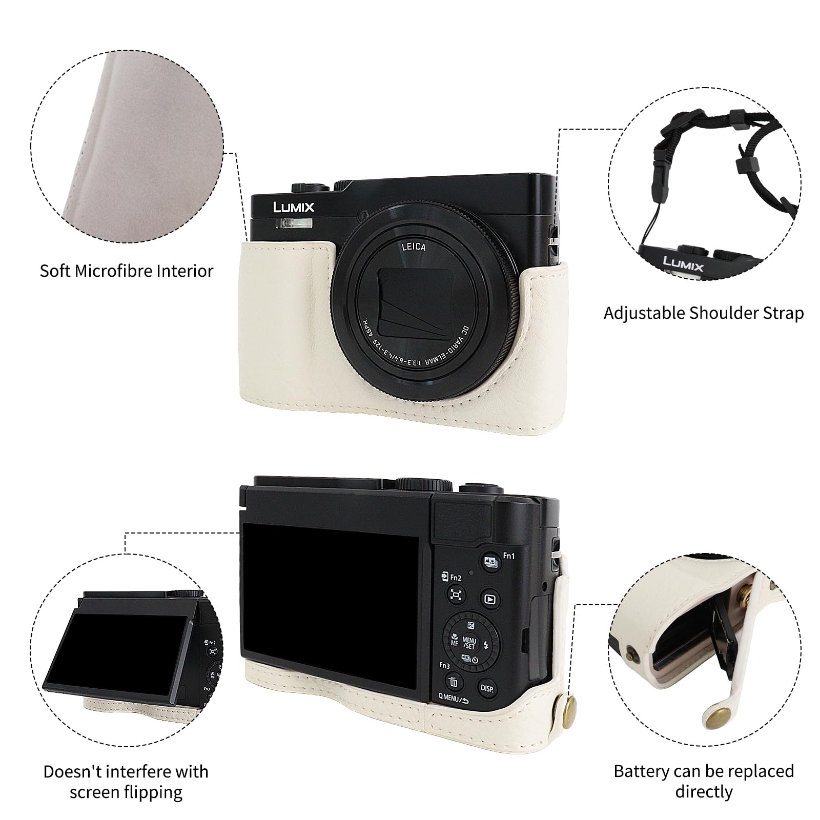Rieibi TZ99 - Funda de Piel sintética para cámara Digital Panasonic Lumix DC-TZ99, Funda Protectora Desmontable con Correa de Hombro Ajustable