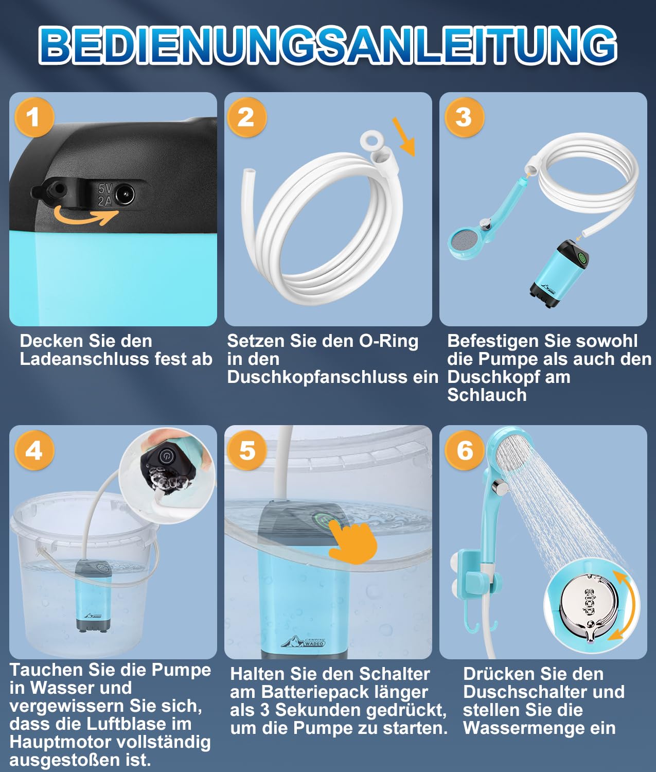 WADEO Tragbare Campingdusche Akku mit Pumpe, Camping Dusche Outdoor mit wiederaufladbarem 6000-mAh-Akku, Mobile Duschen Außenduschen mit Duschkopf und Schlauch, für Camping Reisen Garten Autowaschen