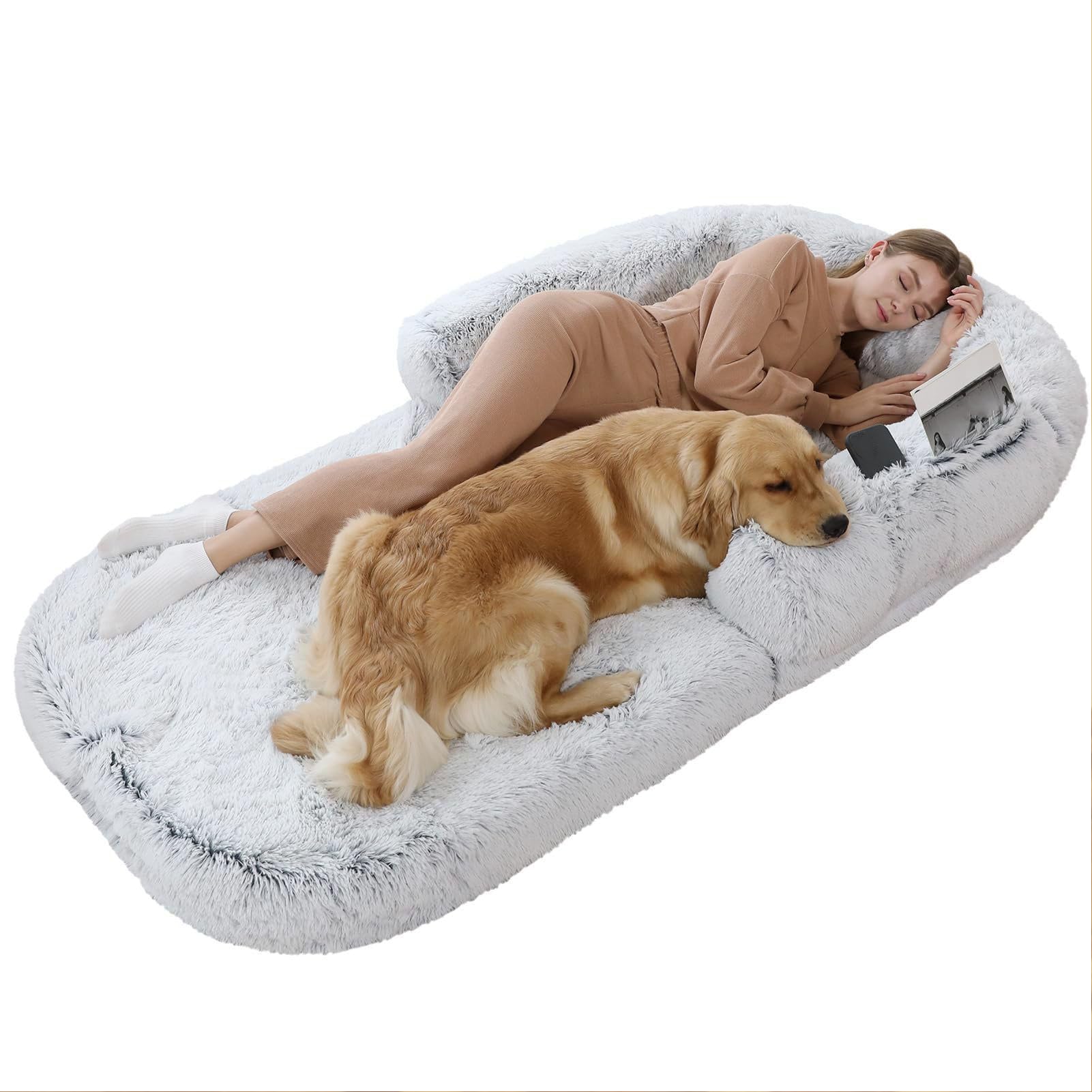 Faltbares Hundebett für menschliche Hunde, tragbar, 2-in-1, riesiges Bett für beruhigende Hunde in menschlicher Größe, 180 x 119,2 x 24,9 cm, Schlafsofa aus Kunstpelz in menschlicher Größe