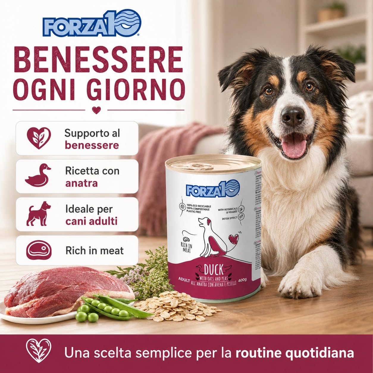 Anatra,Avena e Piselli – Forza10 Cibo Umido per Cani Adulti di tutte le Taglie e Razze, Monoproteico, 12 Lattine x 400g, Alimento Completo Ricco in Carne.