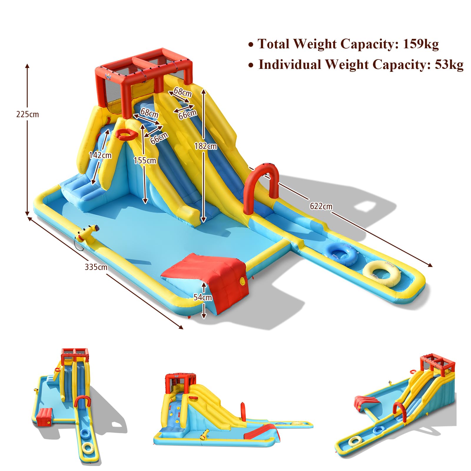 LIFEZEAL Castillo Hinchable Acuático para Niños, Parque Inflable con Doble Tobogán, Casa Infantil de Rebote con Pared de Escalada, Pistola de Agua, Anillos de Natación para 3-10 Años (sin soplador)