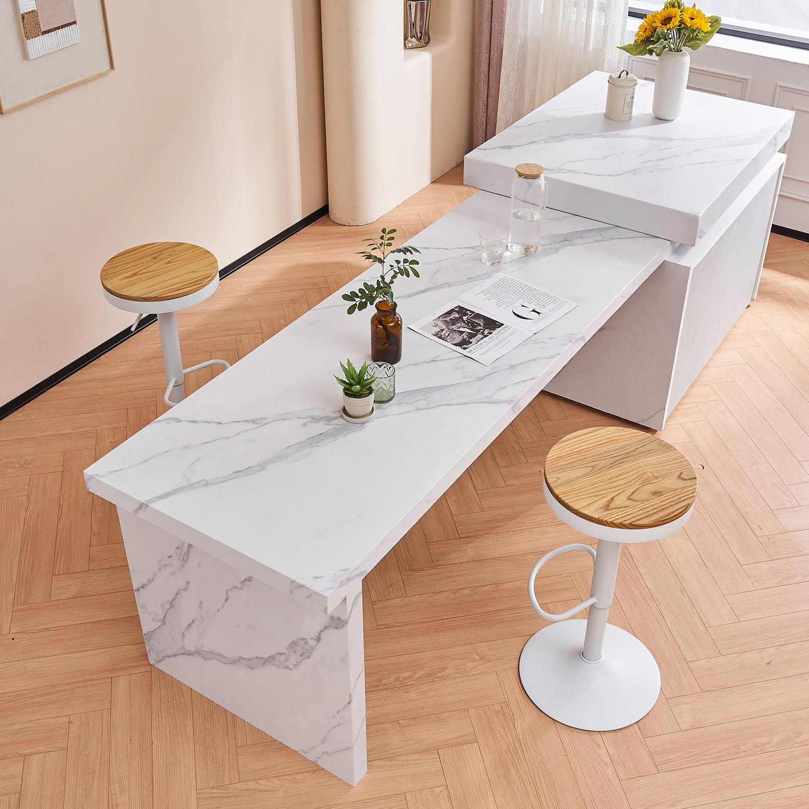 YOUNIKE Sgabello Bar Legno Rotondo Sedie Alta Bar Seduta Ilot Central Cucina Sedile Bar Set di 2 Vintage Regolabile Rotazione Metallo Girevole Bianco