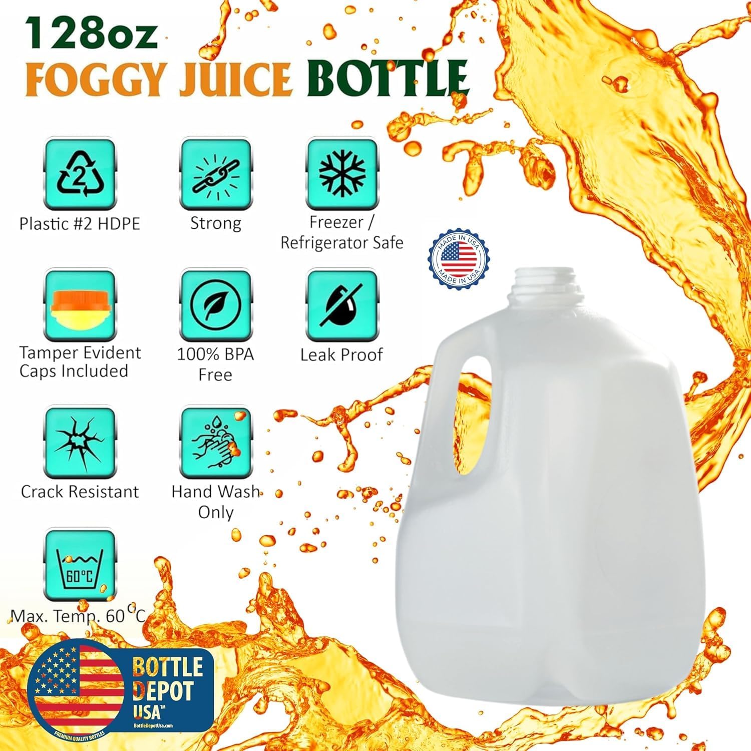 (8 PACK) 128 Oz Empty Plastic Gallon Juice Bottles with Tamper Evident GREEN Screw Caps - Smoothie Bottles - Ideal for Juices, Milk, Smoothies, Picnic's and Even Meal Prep - Made in USA