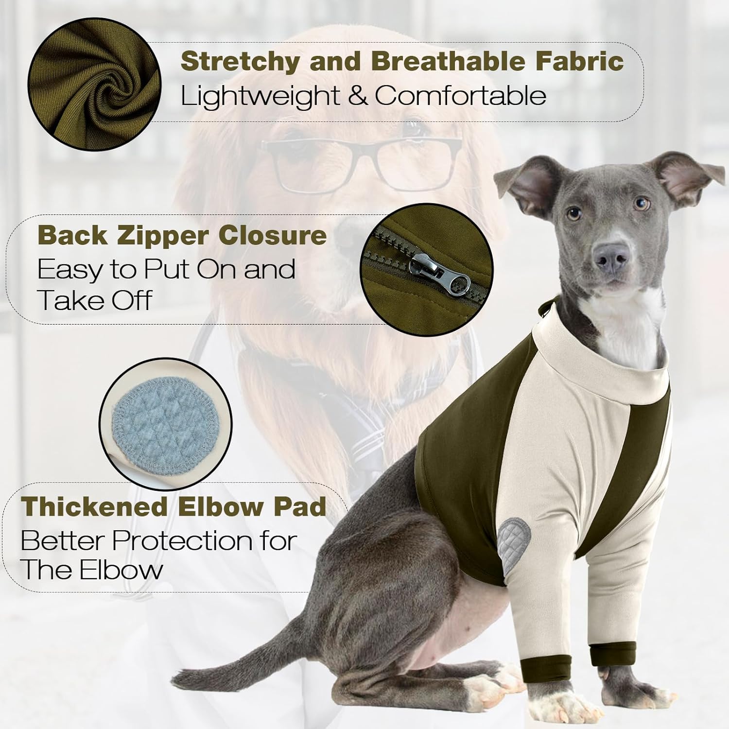 lelepet dog recovery suit for front legs, dog sleeve to stop licking, elbow protector for leg injuries shoulder wounds after surgery male female,zippered long-sleeved shirt cone alternative(s-3xl) l army green