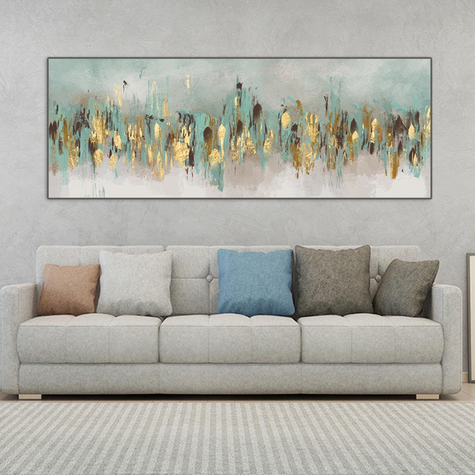 Cuadros de pared para decoración del hogar verde y dorado para sala de estar, lienzos decorativos rectangulares horizontales abstractos, carteles de 60x180cm sin marco