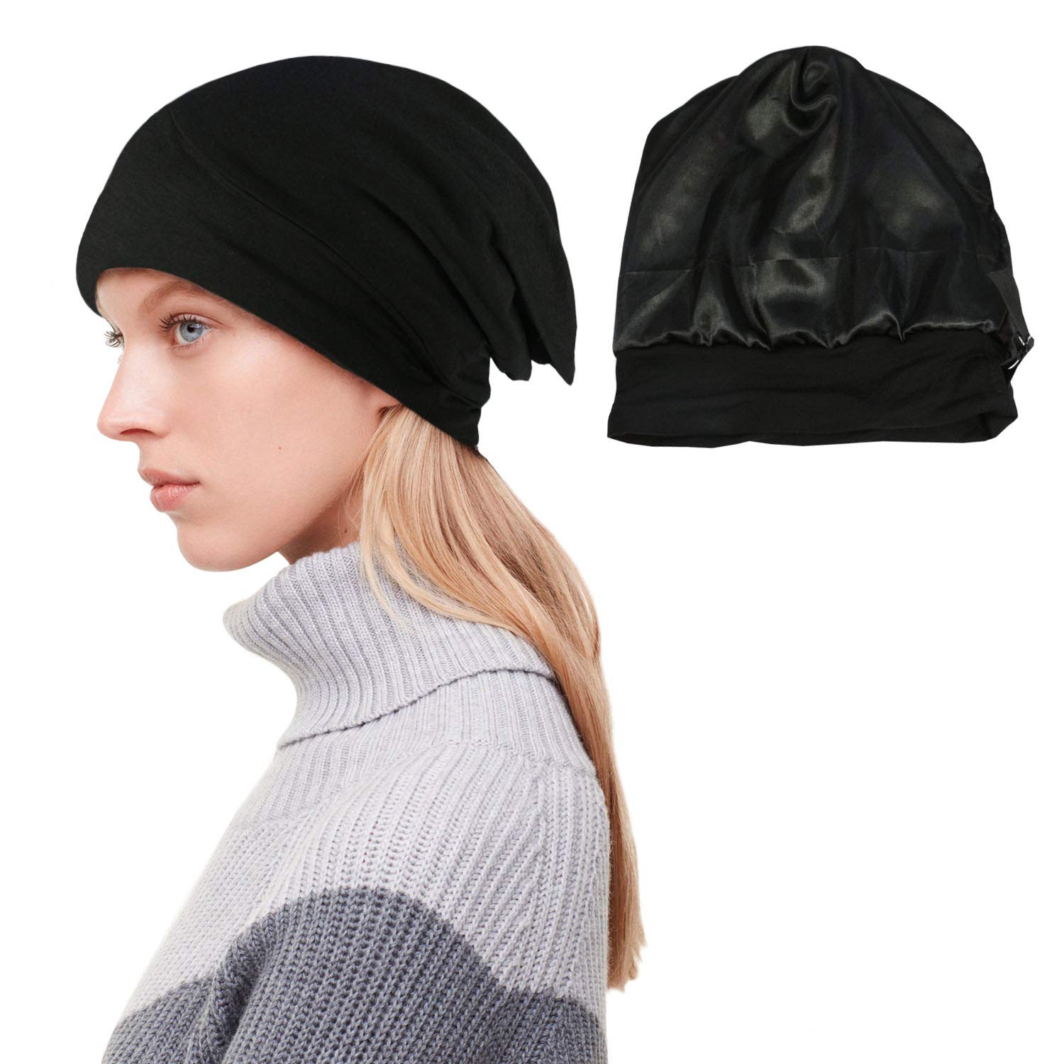 NTSWZYS Sleep Caps for Women Slouchy Satin Lined Beanies Satin Hair Bonnet for Sleeping Skull Caps (Black)
