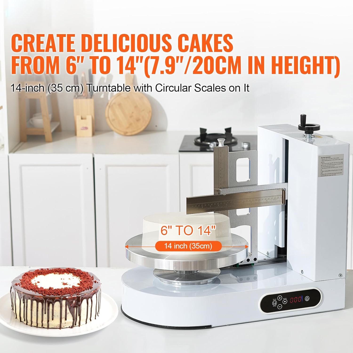 Happybuy Cake Decorating Machine,White,Cake Cream Spreading Coating Smearing Machine, Low Noise Cake Frosting Machine, Turntable with Adjustable Scraper, for 6" to 14" Cake, 25-320RPM Rotating Speed