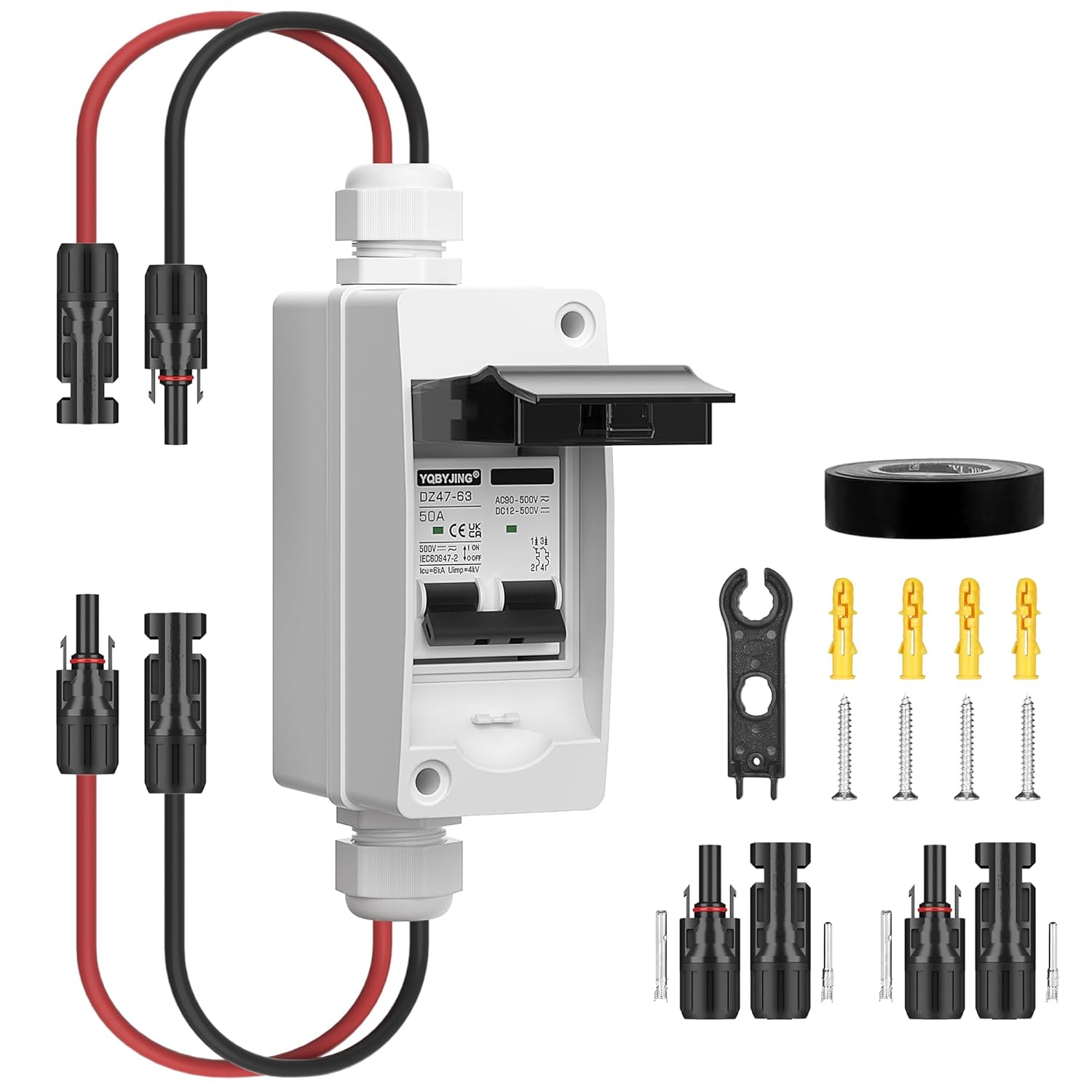 Solar Panel Disconnect Switch 50 Amp DC AC Miniature Circuit Breaker 500V 2 Poles with PV Connector and IP65 Waterproof UV-Proof Box for Outdoor Solar PV Homes Battery