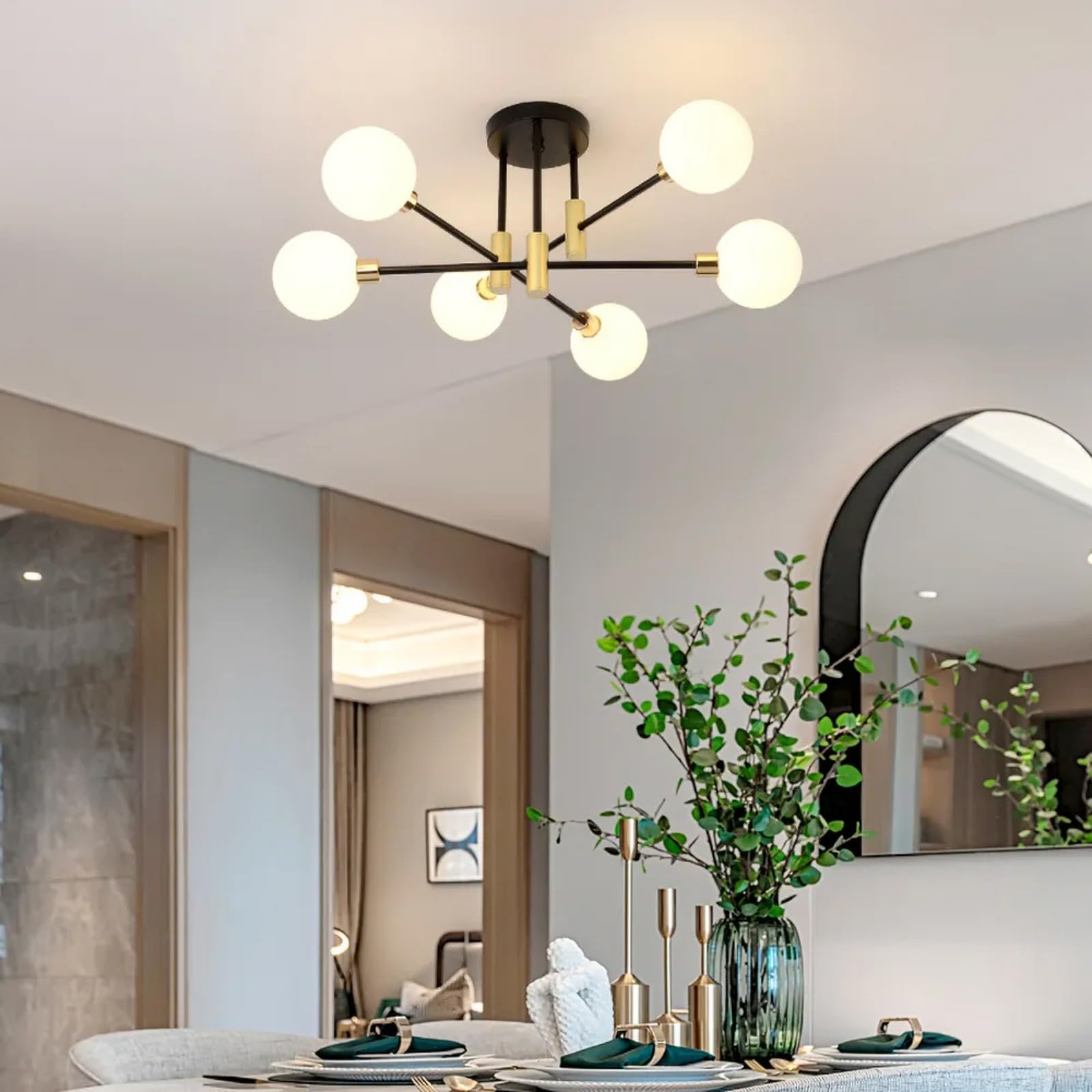 Homary Modern Chandelier White Glass Semi-Flush, Gold Finish Ceiling Light for Living Room, Bedroom (6-Light)