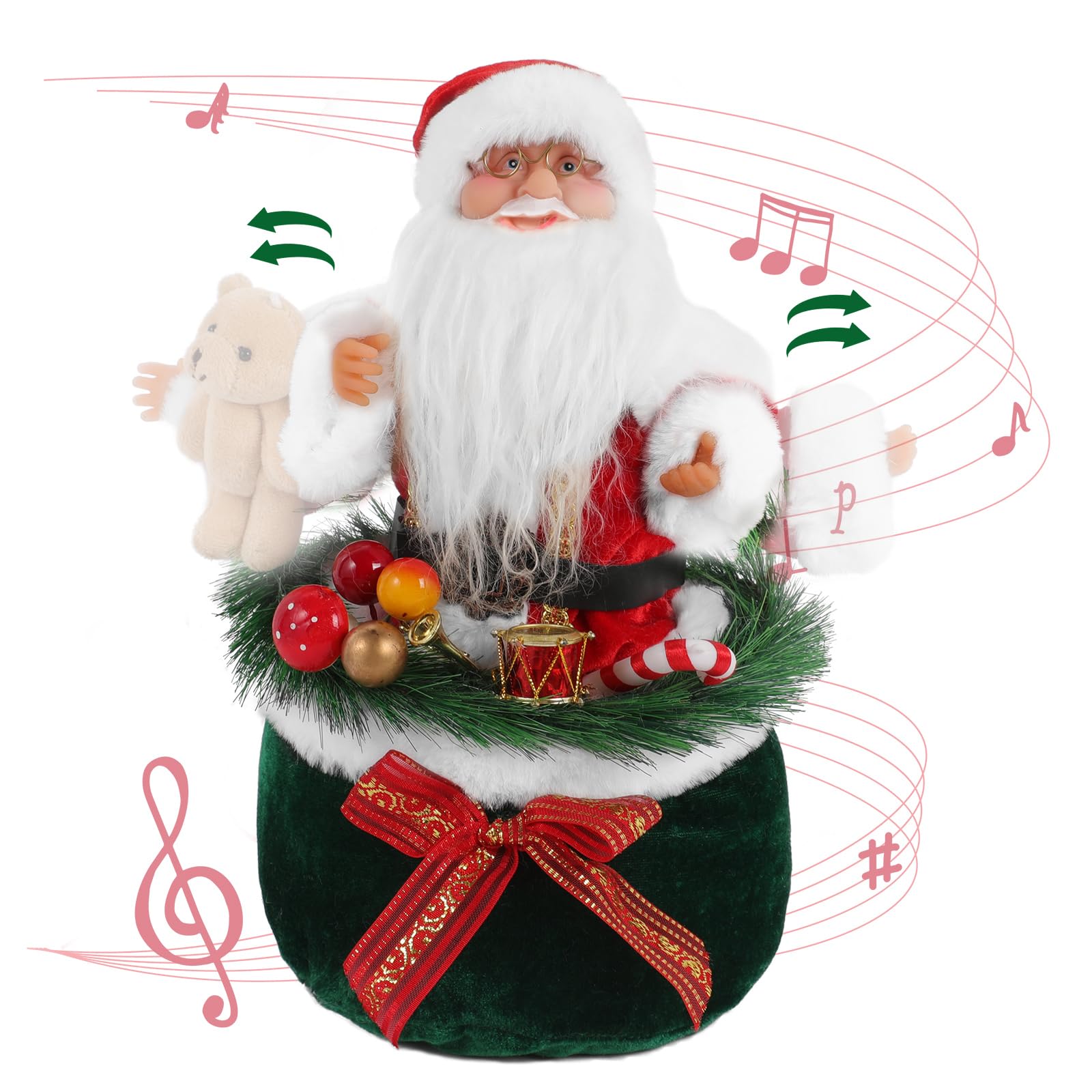 Gfilay Figurine de Père Noël de Noël, figurine de collection Père Noël dansant avec musique tenant l'ours et debout à l'intérieur du sac cadeau – Interrupteur à induction
