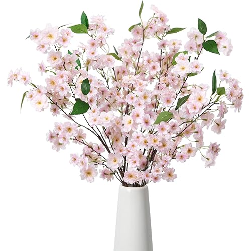 Silk Cherry Blossom Branches, 4PCS 35.4in Artificial Flowers Cherry Blossom Tree Stems, Long Stems Fake Flowers Vase Floral Arrangements for Home Table Wedding Japanese Decor, Pink