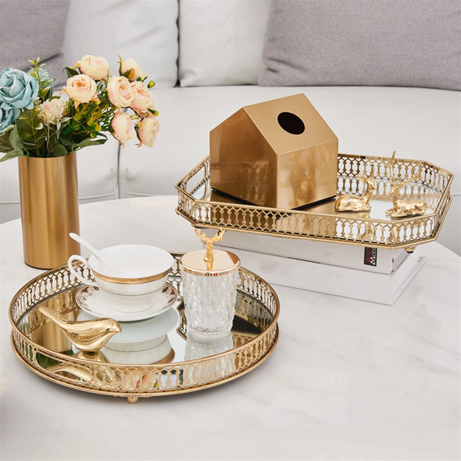 Bandeja redonda de metal para tocador con espejo y cristal, bandeja de desayuno decorativa para maquillaje, joyas y perfumes, elegante decoración del hogar