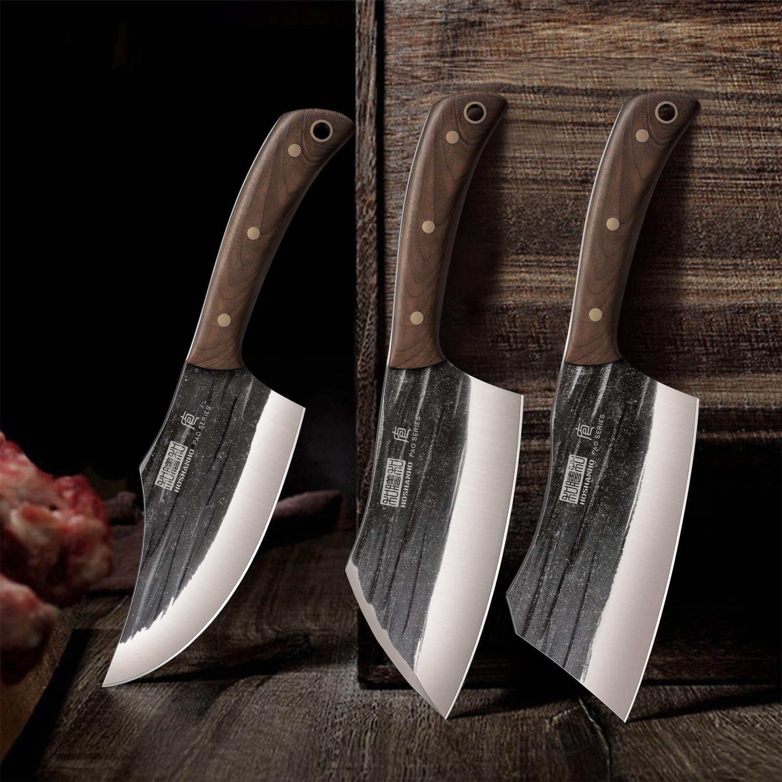 HOSHANHO Set di Coltelli da Macellaio, set di 3 Coltello da Cuoco in Acciaio ad Alto Tenore di Carbonio, Coltello da Mannaia Resistente, Coltello Vichingo per Casa Cucina Campeggio All'aperto BBQ