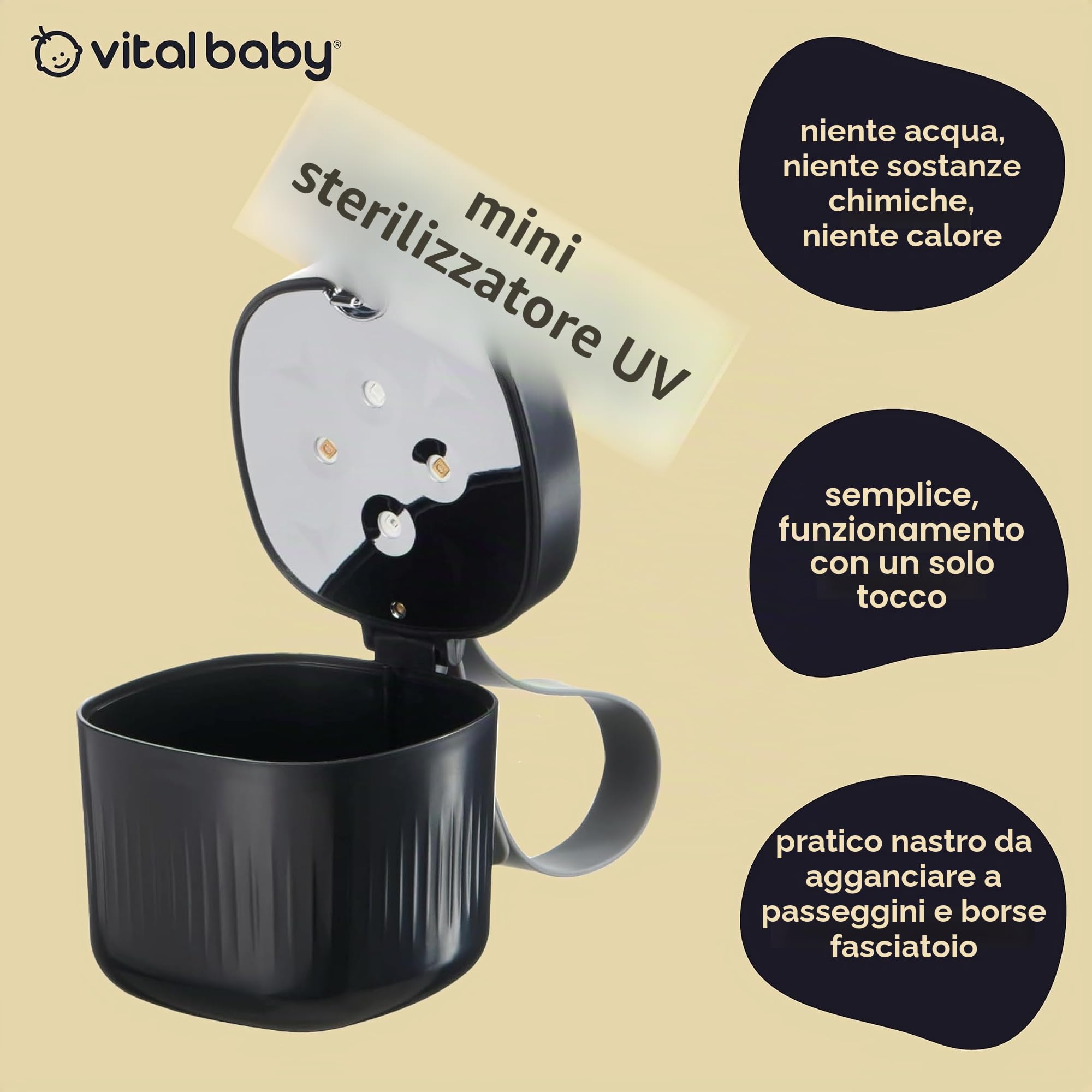 Vital Baby Nurture Mini sterilizzatore UV uccide il 99,99% dei germi in 49 secondi per succhietti, massaggiagengive, accessori portatili, ricaricabili, senza sostanze chimiche, onice nero