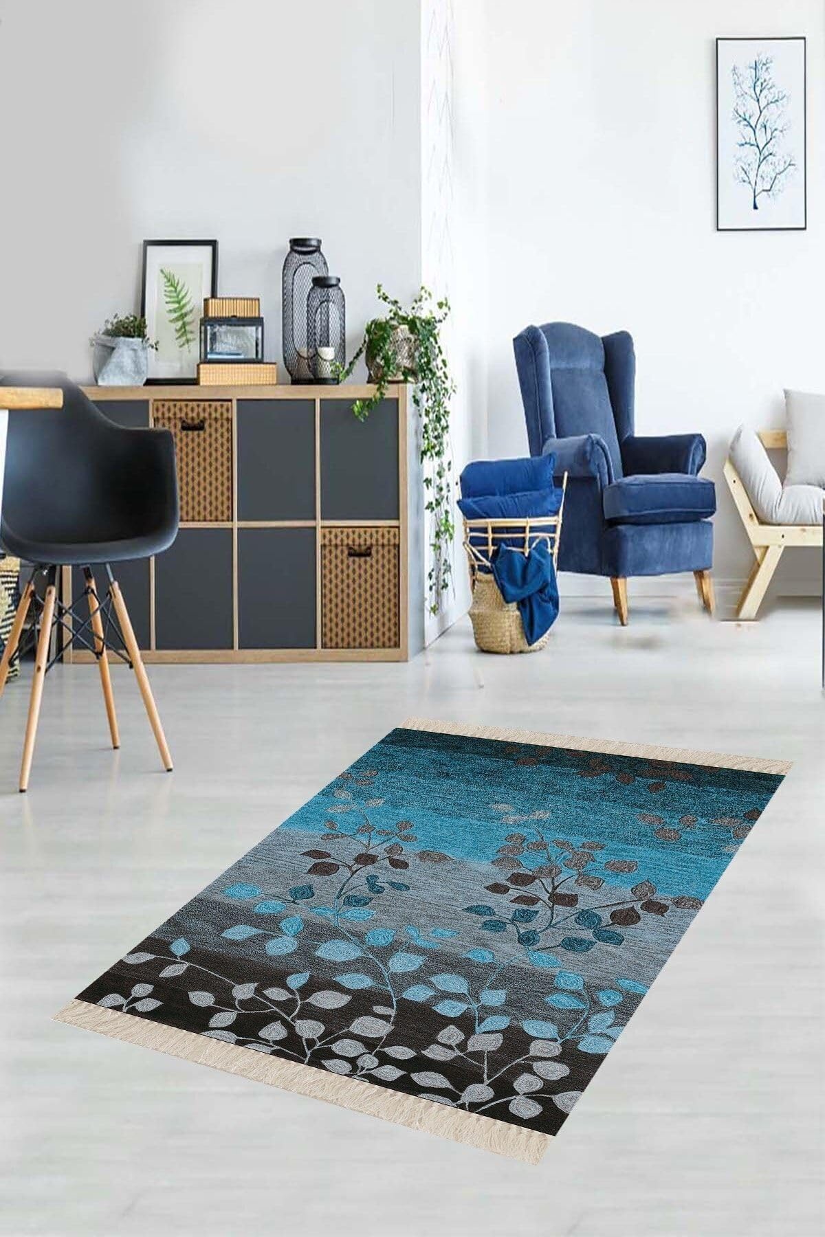 Pelangi Mavi Yaprak Desenli Dijital Baskı Kaymaz Taban Yıkanabilir Klasik Salon Halı, Mavi 100 x 100