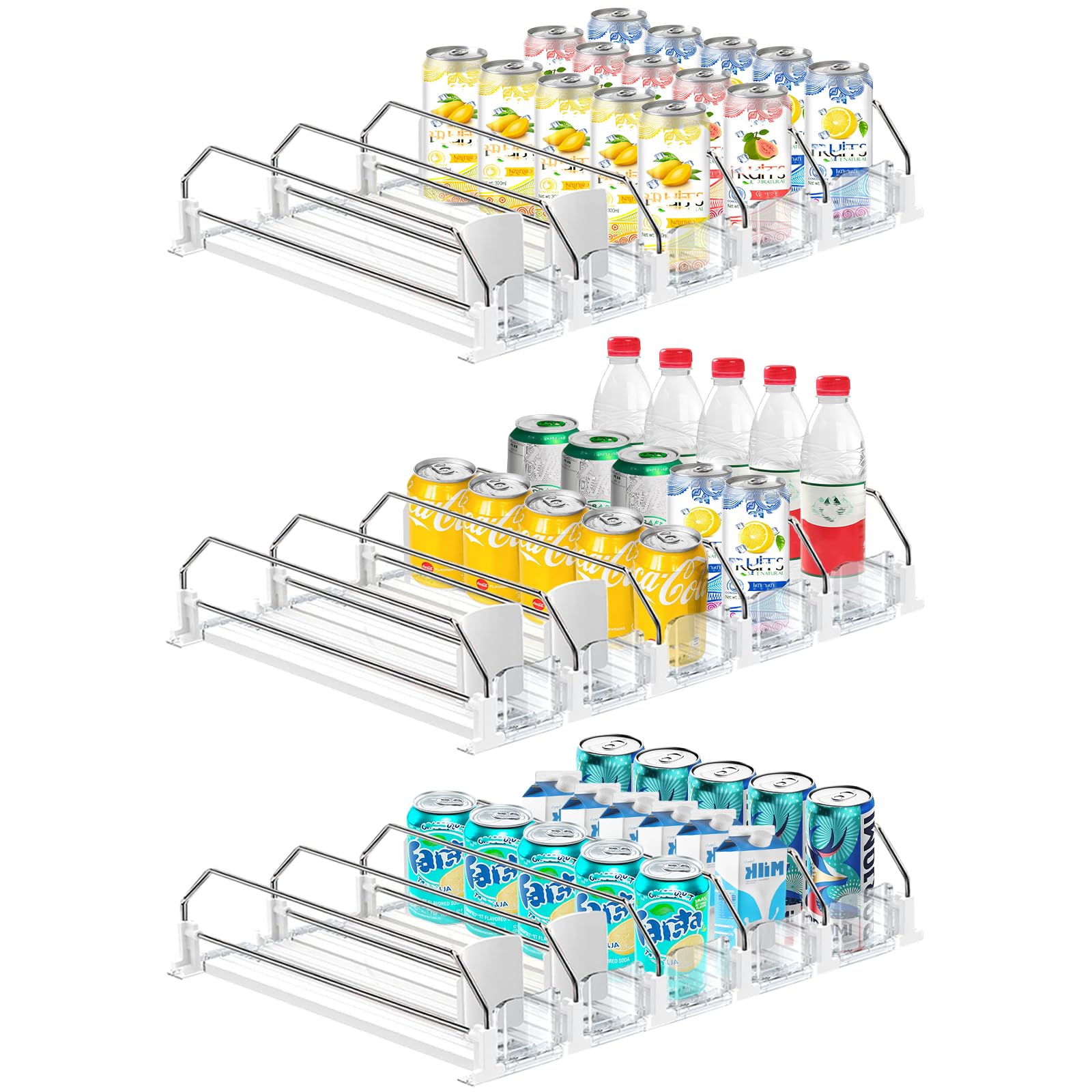 3 Pack Drink Organizer for Fridge, Self Pushing Fridge Drink Organizer