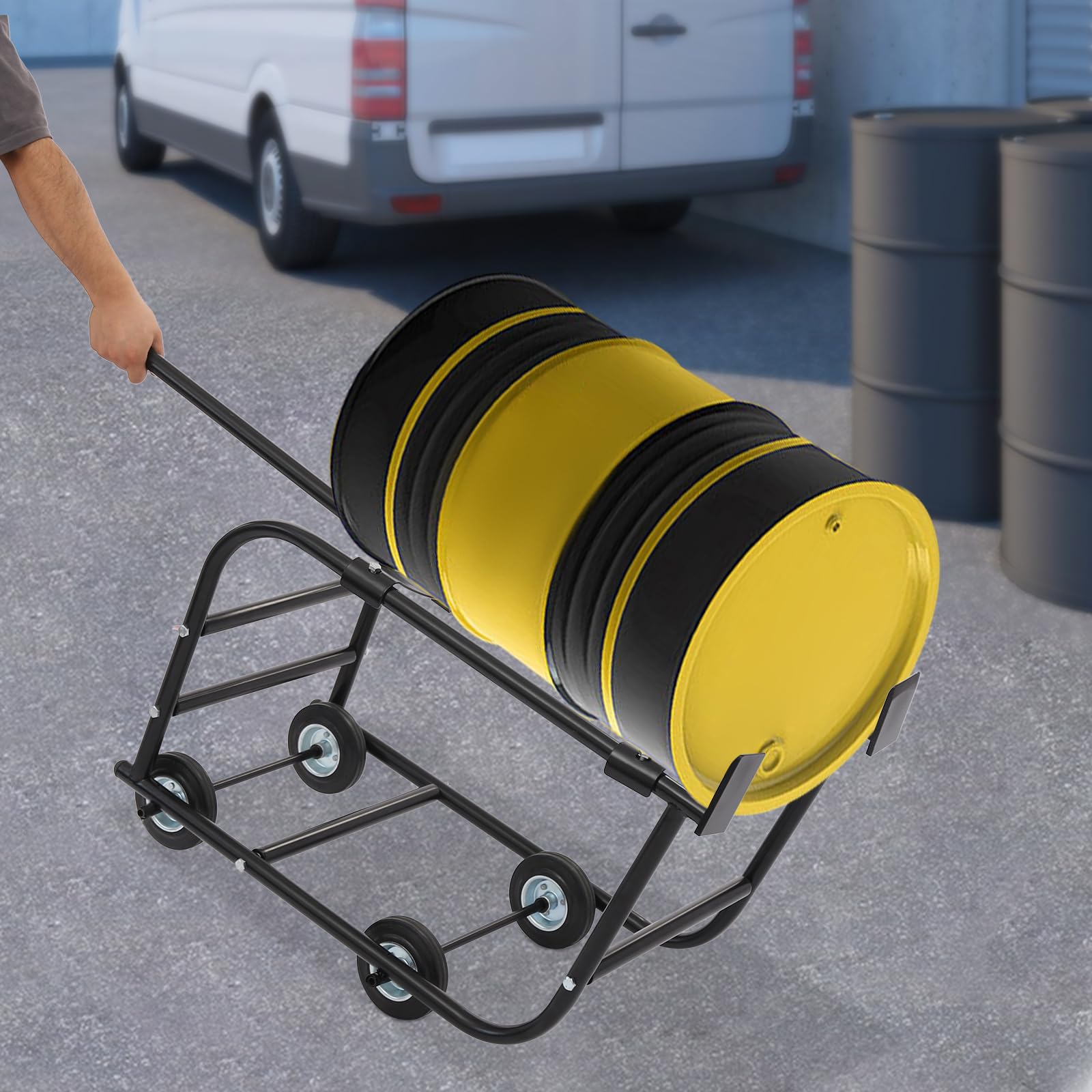 Carrello per fusto industriale,Supporto per fusto a ruote 55 galloni,Manution Barile Olio, Acciaio Robusto, Carico 600lbs, Spostamento Officina Garage Magazzino,110x43.5x52.7cm,Nero