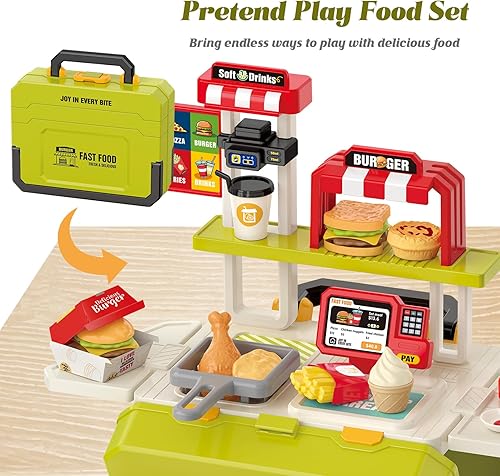 Miniatura 4 de Juguetes divertidos para niños, juego portátil de comida rápida para niños de 3 a 8 años, juguete realista de cocina al aire libre con 55 piezas,