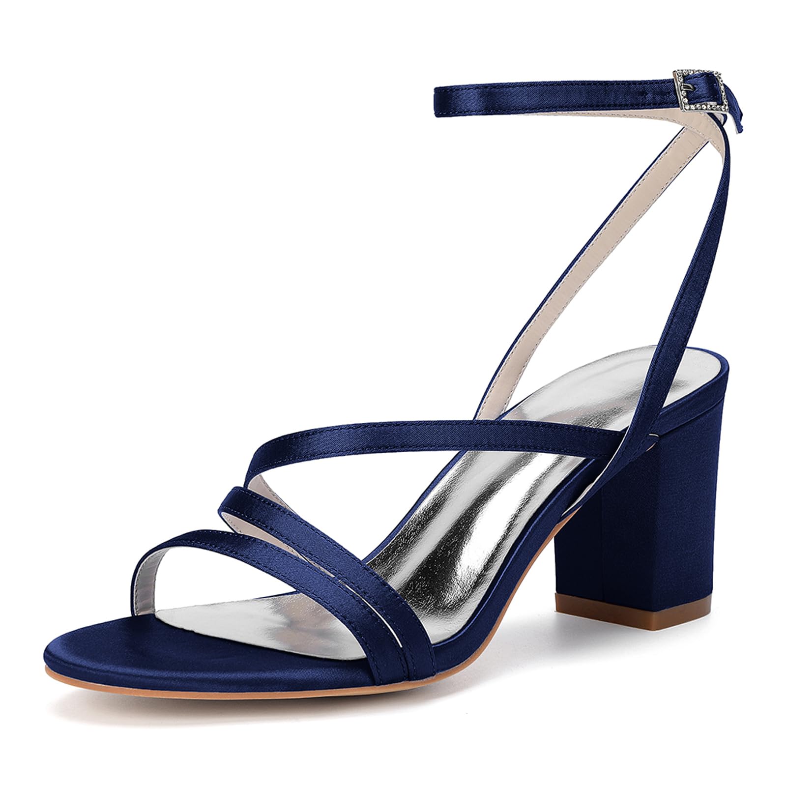 Sandali da Donna in Raso con Tacco Largo, a Punta Aperta, con Fasce Incrociate e Cinturino alla Caviglia con Fibbia Sandali Eleganti da Cerimonia e Sposa