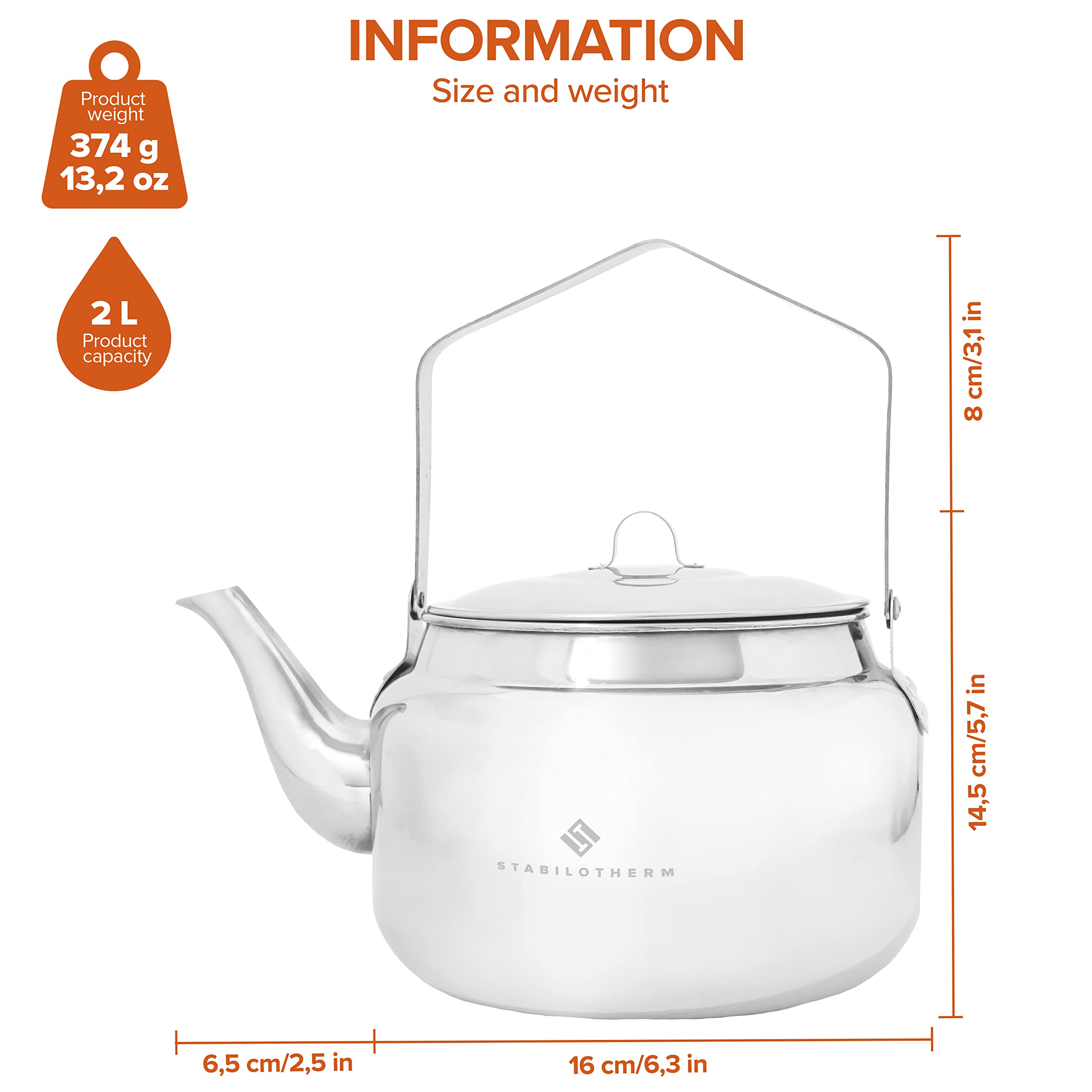 STABILOTHERM Edelstahl Outdoor-Kaffeekessel 2 Liter I ideal für Lagerfeuer & Grill – Teekessel Wasserkessel Teekanne Wasserkanne Kochgeschirr – ideal für Outdoor Camping Wandern Reisen Picknick