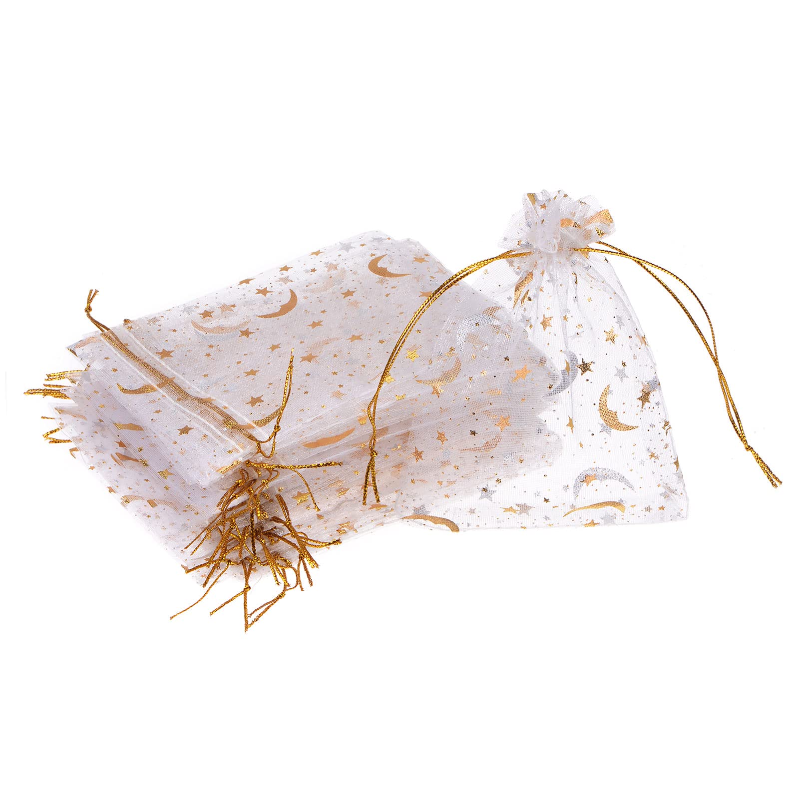 PATIKIL Moon Star Printed Organza Bags, 50 Pcs 4.72x3.5 Inch Drawstring Mini Pouches Favor Gift Candy Jewelry Bags for Christmas Thanksgiving Festival