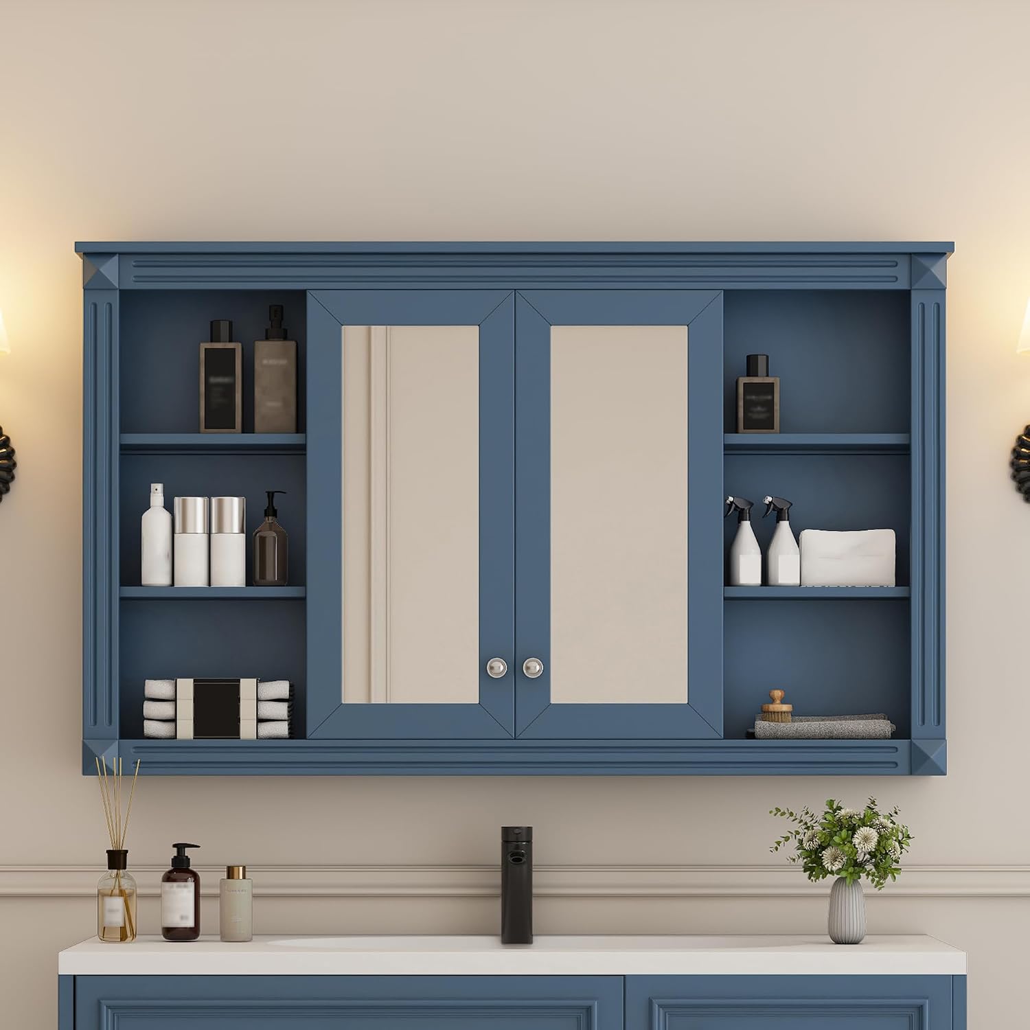 47" Adjustable 3-Height Shelf Storage Cabinet, Bathroom Organizer with Quick-Access Open Shelving, Waterproof Cabinets with Crystal-Clear Mirror for Bathroom Use, Blue